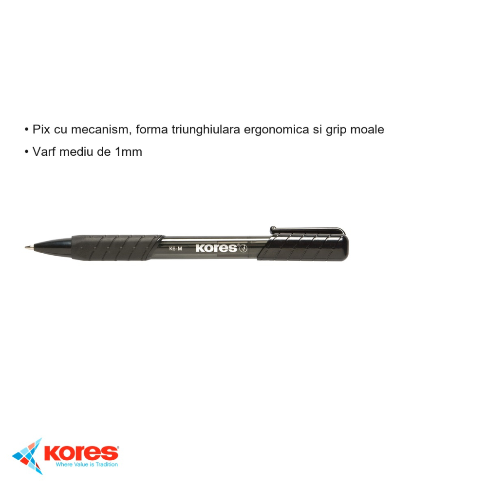 Pix cu mecanism Kores K6, varf mediu 1mm, forma triunghiulara ergonomica, cerneala neagra [3]