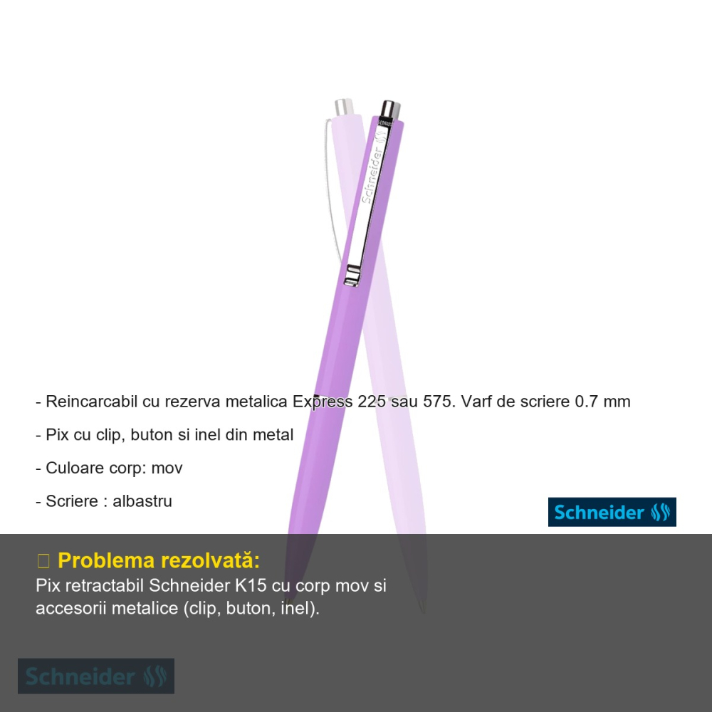 Pix cu mecanism Schneider K15, varf 0.7 mm, corp mov, scriere albastra, reincarcabil [2]