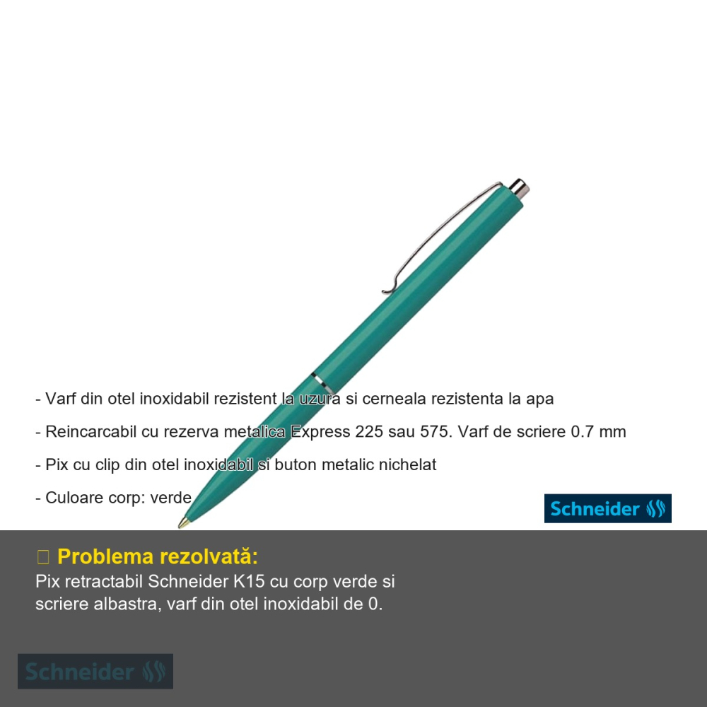 Pix cu mecanism Schneider K15, varf 0.7 mm, corp verde, scriere albastra, reincarcabil [2]