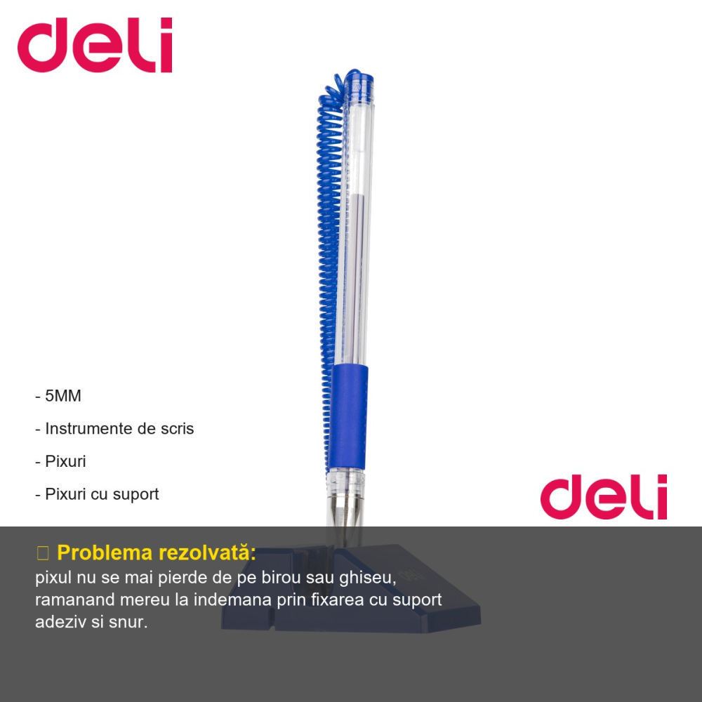 Pix cu suport adeziv si snur Deli, varf 0.5 mm, cerneala albastra, rotire 180 grade [2]