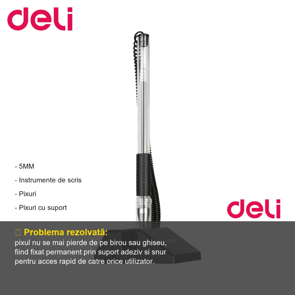 Pix cu suport adeziv si snur Deli, varf 0.5 mm, cerneala neagra, rotire 180 grade, pentru birou si ghiseu [2]