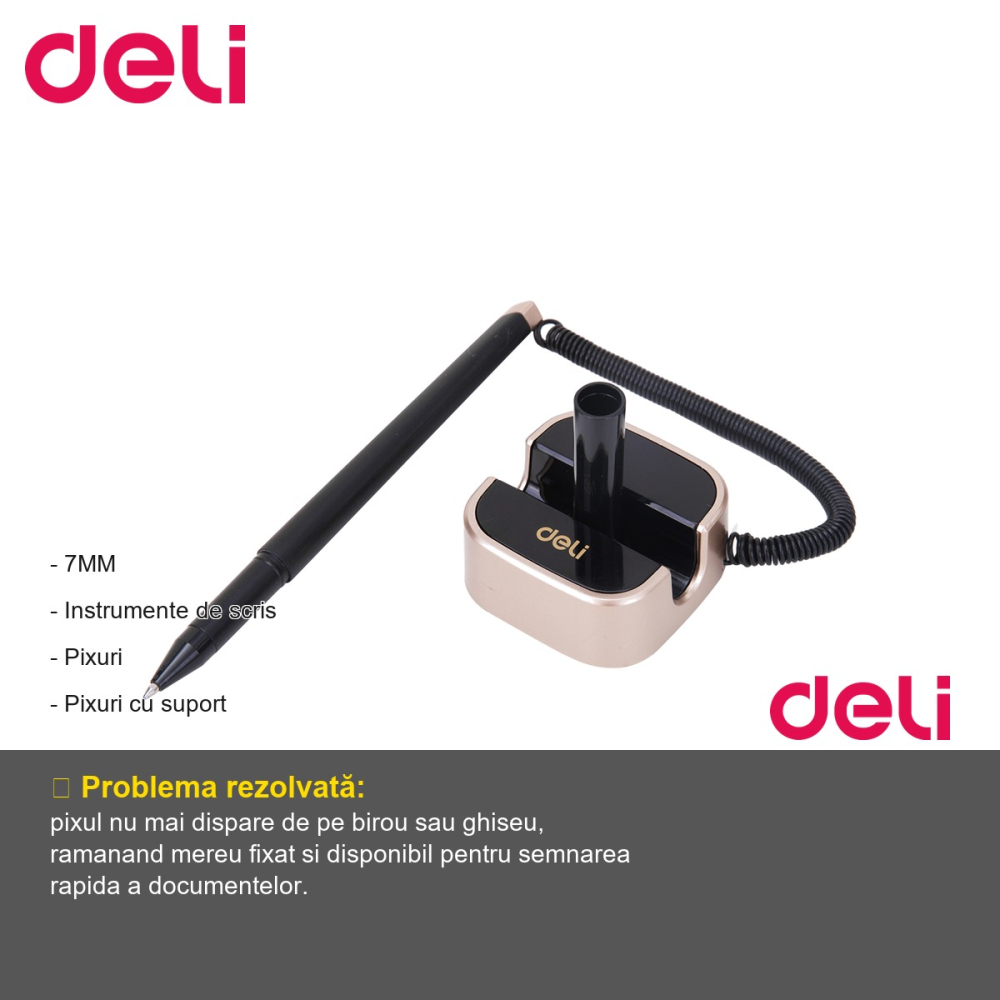 Pix cu suport adeziv si snur Deli, varf 0.7 mm, cerneala albastra, rotire 180 grade [2]