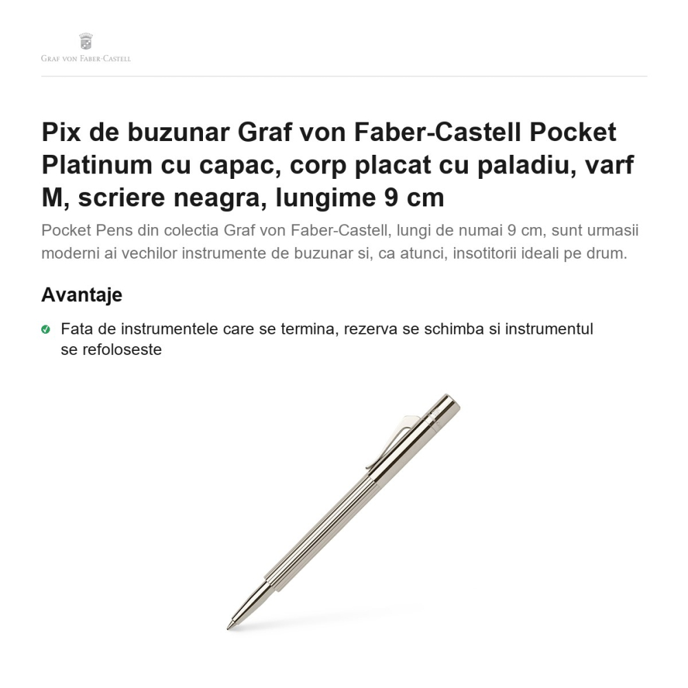 Pix de buzunar Graf von Faber-Castell Pocket Platinum cu capac, corp placat cu paladiu, varf M, scriere neagra, lungime 9 cm [2]