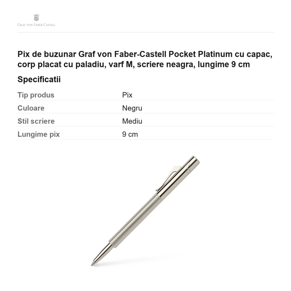Pix de buzunar Graf von Faber-Castell Pocket Platinum cu capac, corp placat cu paladiu, varf M, scriere neagra, lungime 9 cm [3]