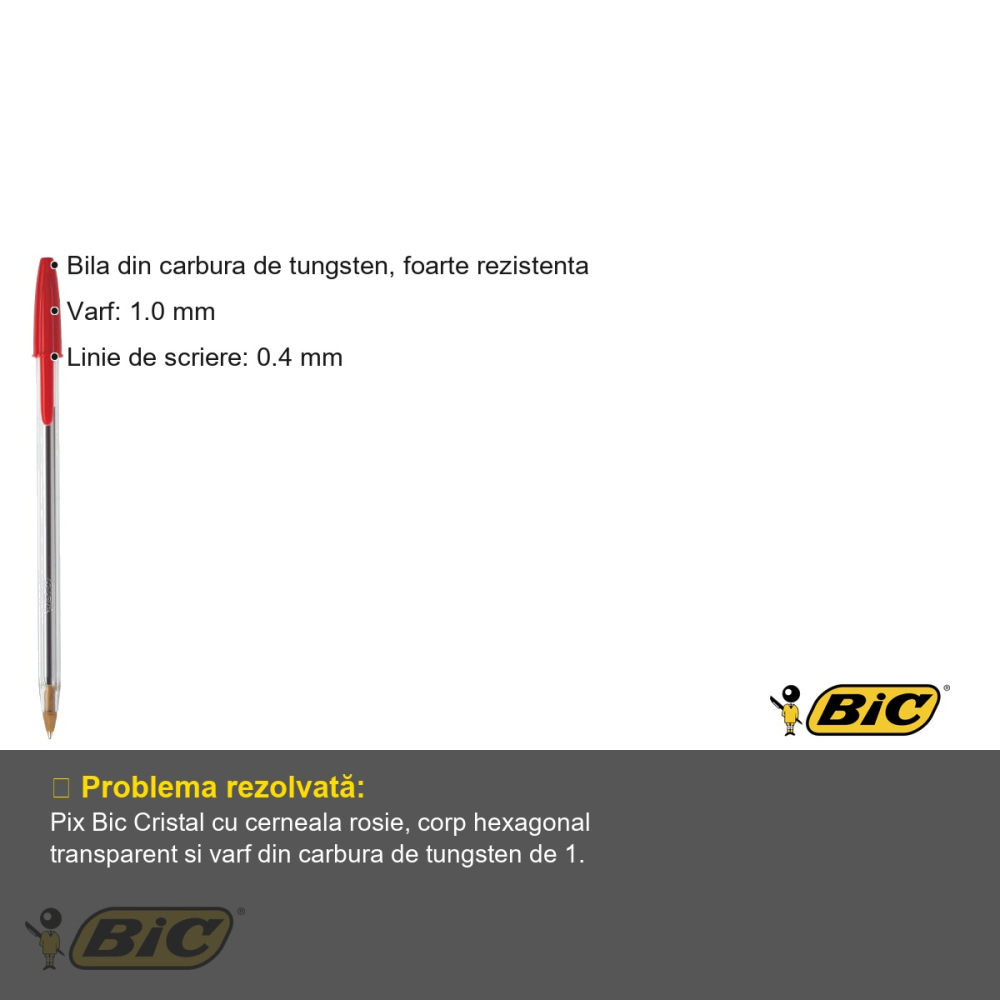 Pix de unica folosinta Bic Cristal Medium, varf 1.0 mm, cerneala rosie, pentru birou si scoala [3]