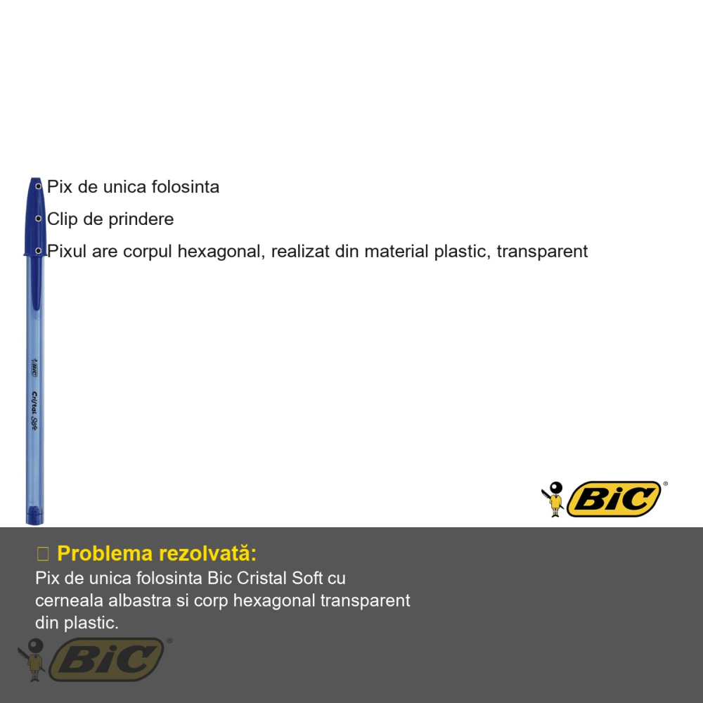 Pix de unica folosinta Bic Cristal Soft, corp hexagonal transparent, cerneala albastra [3]