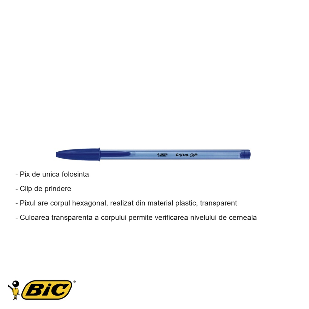 Pix de unica folosinta Bic Cristal Soft, corp hexagonal transparent, cerneala albastra [2]