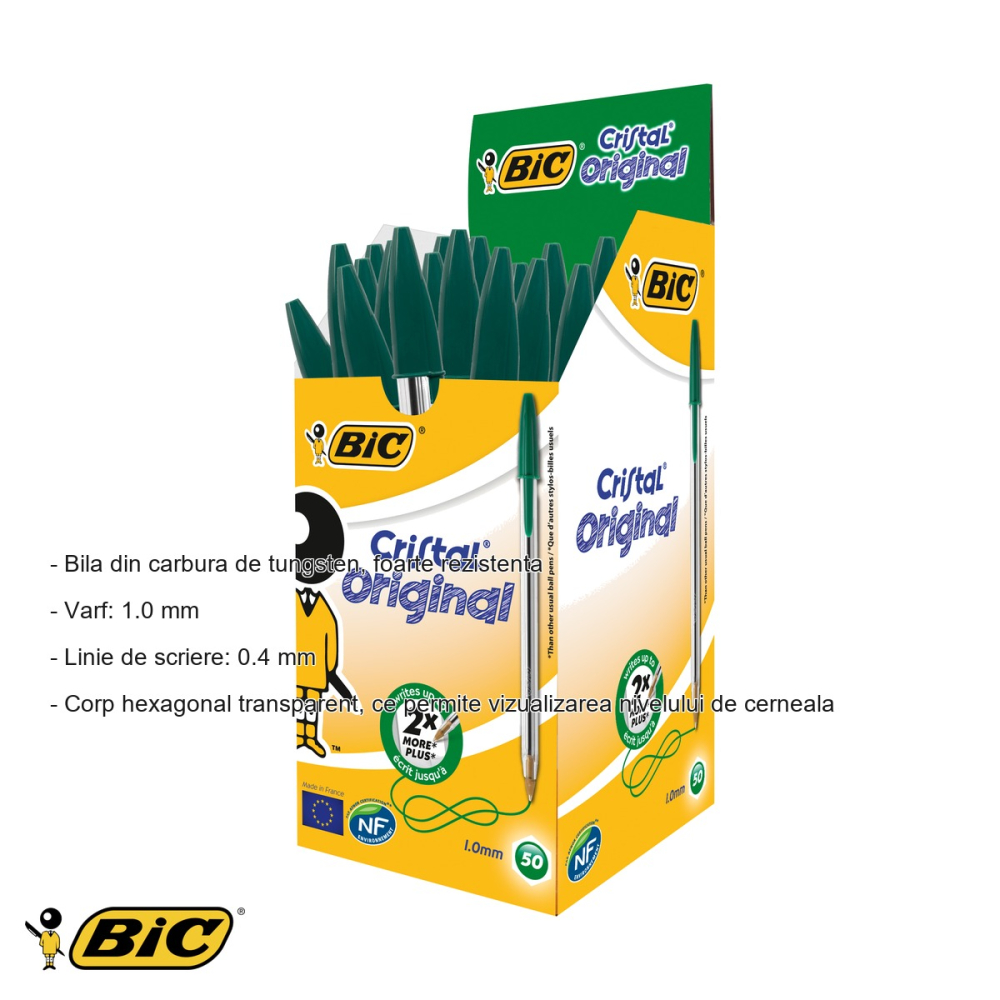 Pix de unica folosinta Bic Cristal, varf medium 1.0 mm, cerneala verde, scriere fluenta pentru birou si scoala [2]