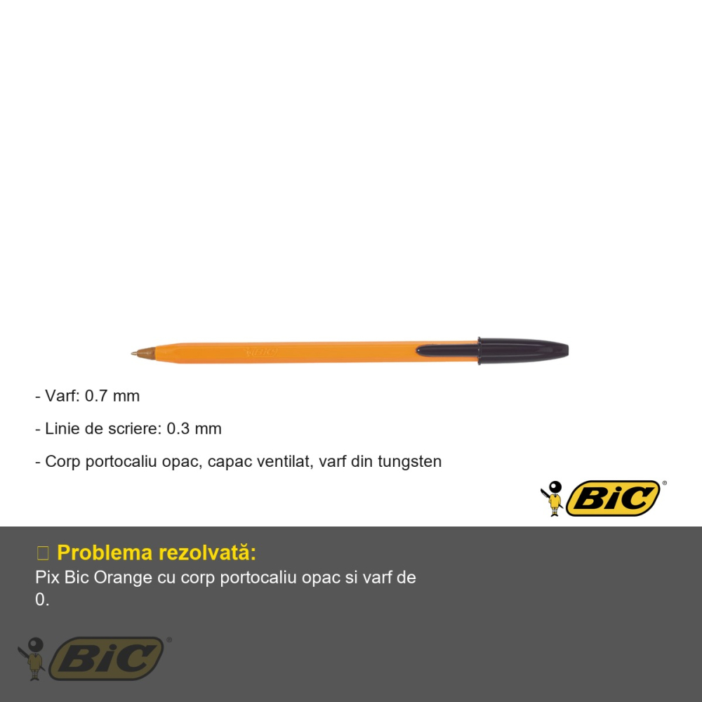 Pix de unica folosinta Bic Orange, varf 0.7 mm, cerneala neagra, pentru scris zilnic la birou si scoala [2]