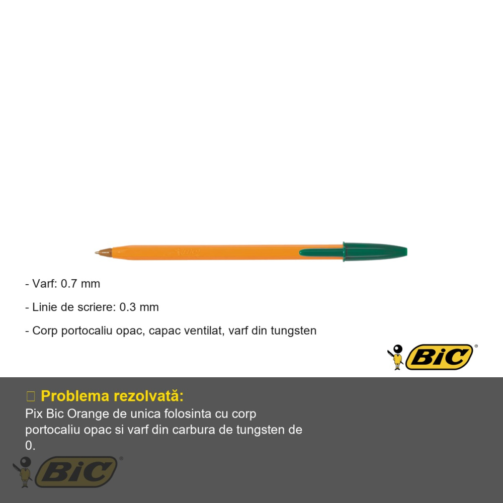 Pix de unica folosinta Bic Orange, varf 0.7 mm, linie fina 0.3 mm, corp portocaliu, pentru scris zilnic [2]
