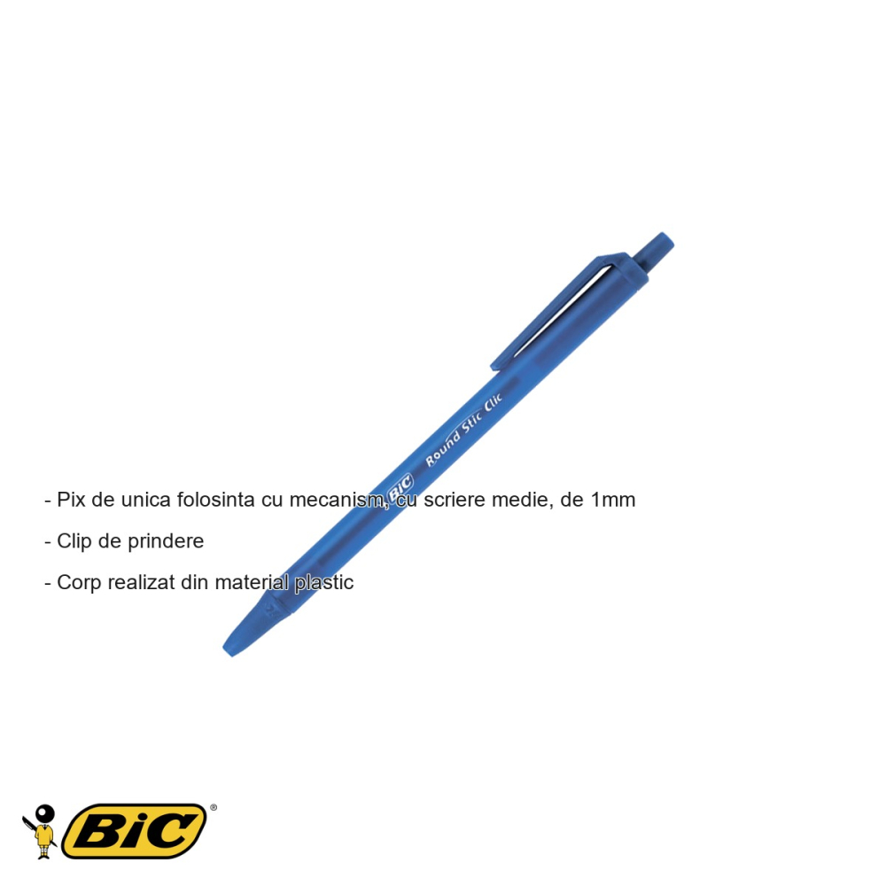 Pix de unica folosinta Bic Round Stic Clic, scriere medie 1mm, albastru, cu mecanism retractabil [2]