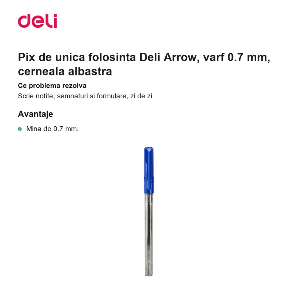 Pix de unica folosinta Deli Arrow, varf 0.7 mm, cerneala albastra [2]