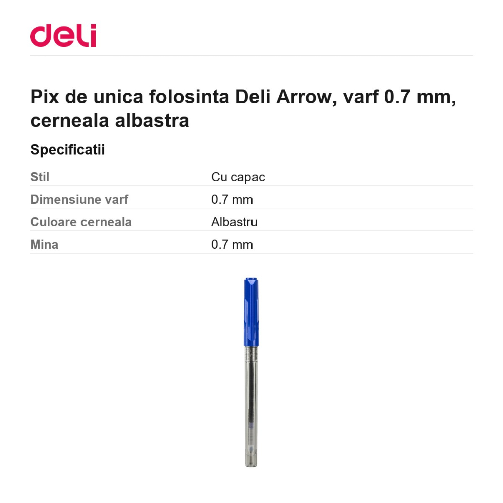 Pix de unica folosinta Deli Arrow, varf 0.7 mm, cerneala albastra [3]