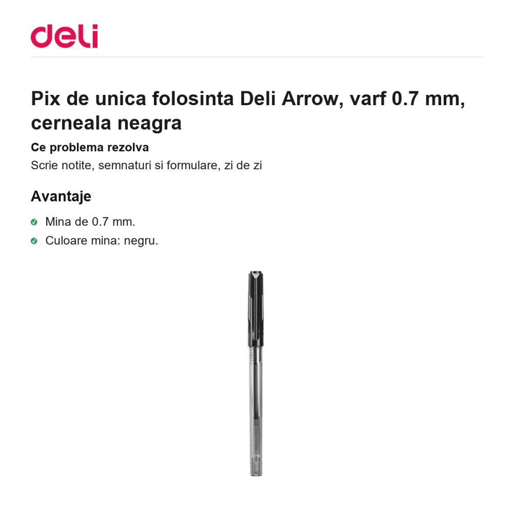 Pix de unica folosinta Deli Arrow, varf 0.7 mm, cerneala neagra [2]