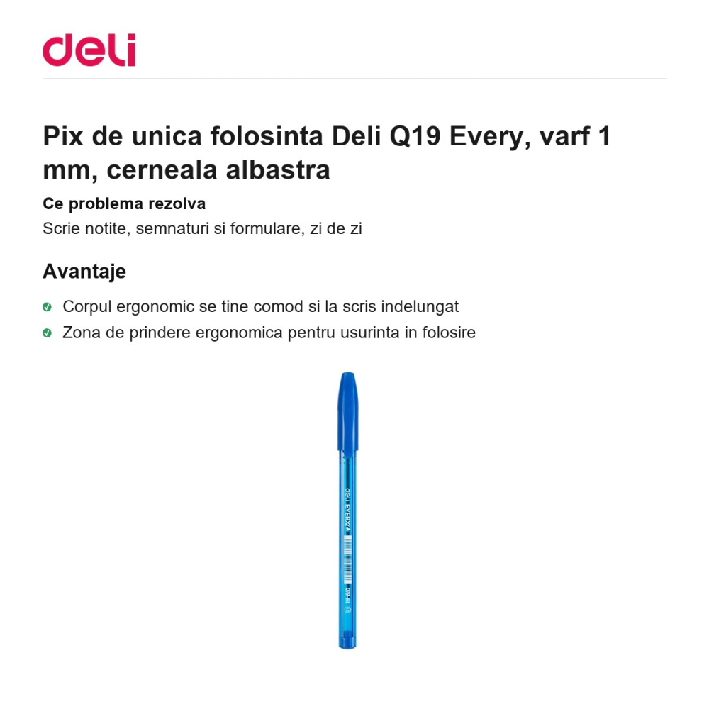 Pix de unica folosinta Deli Q19 Every, varf 1 mm, cerneala albastra [2]