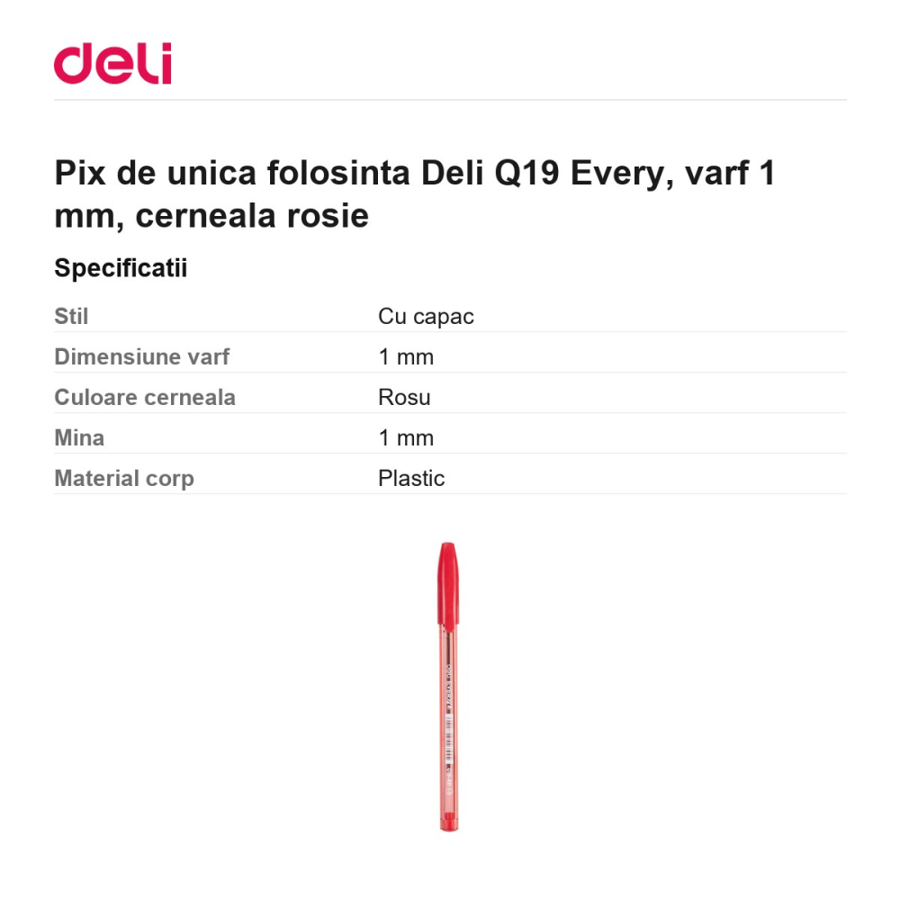 Pix de unica folosinta Deli Q19 Every, varf 1 mm, cerneala rosie [3]