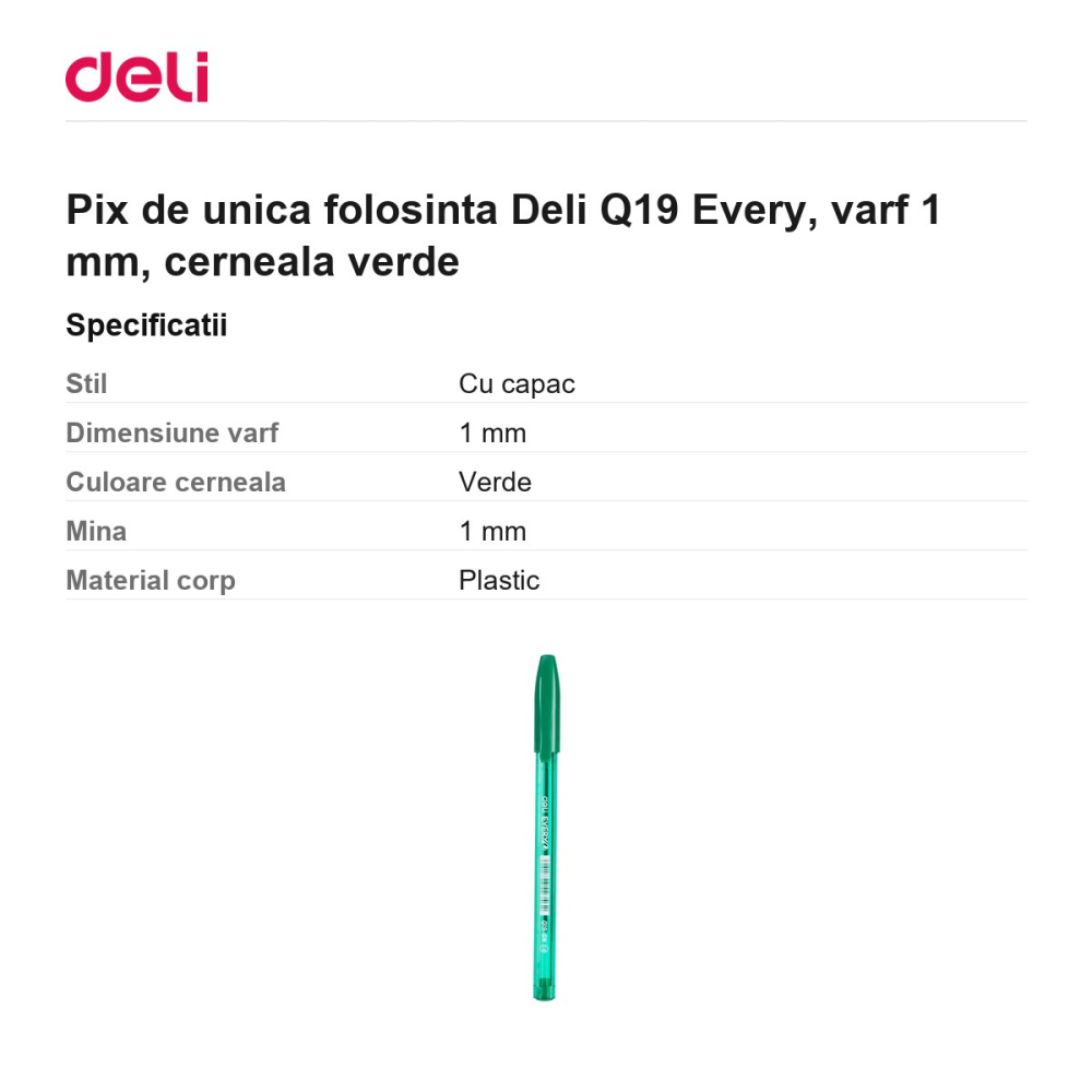 Pix de unica folosinta Deli Q19 Every, varf 1 mm, cerneala verde [3]