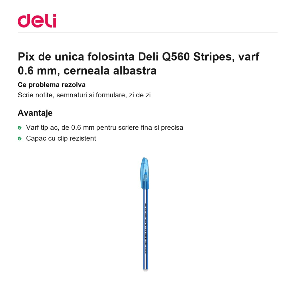 Pix de unica folosinta Deli Q560 Stripes, varf 0.6 mm, cerneala albastra [2]