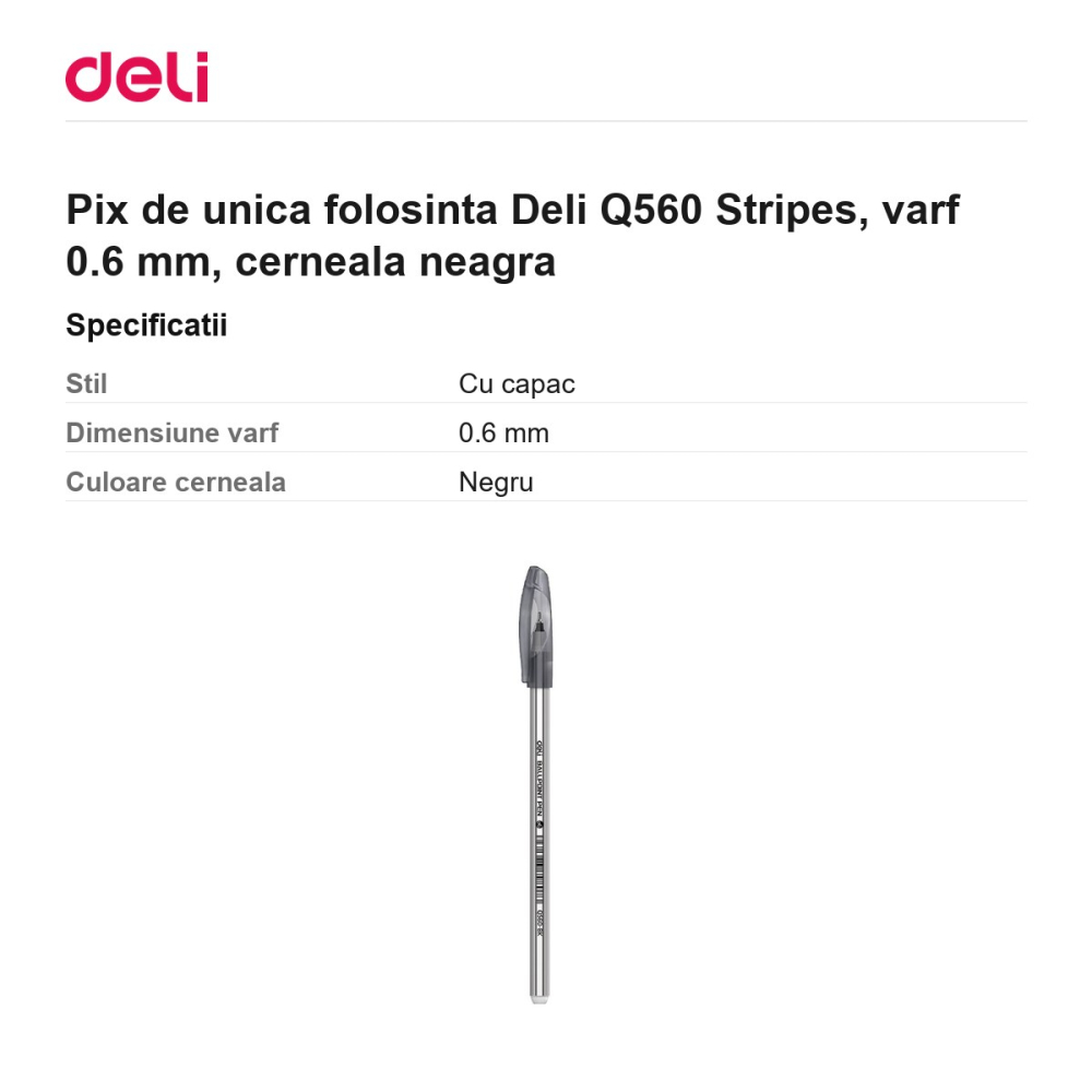 Pix de unica folosinta Deli Q560 Stripes, varf 0.6 mm, cerneala neagra [3]
