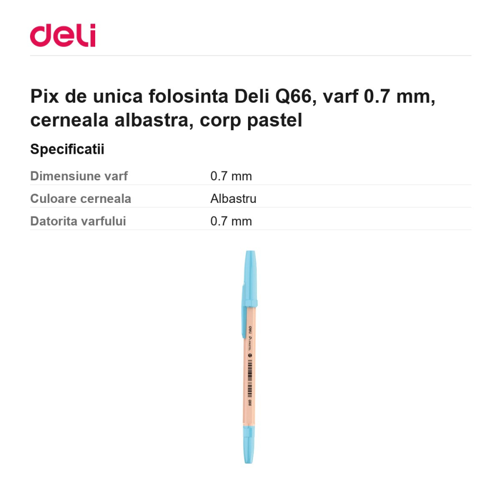 Pix de unica folosinta Deli Q66, varf 0.7 mm, cerneala albastra, corp pastel [3]