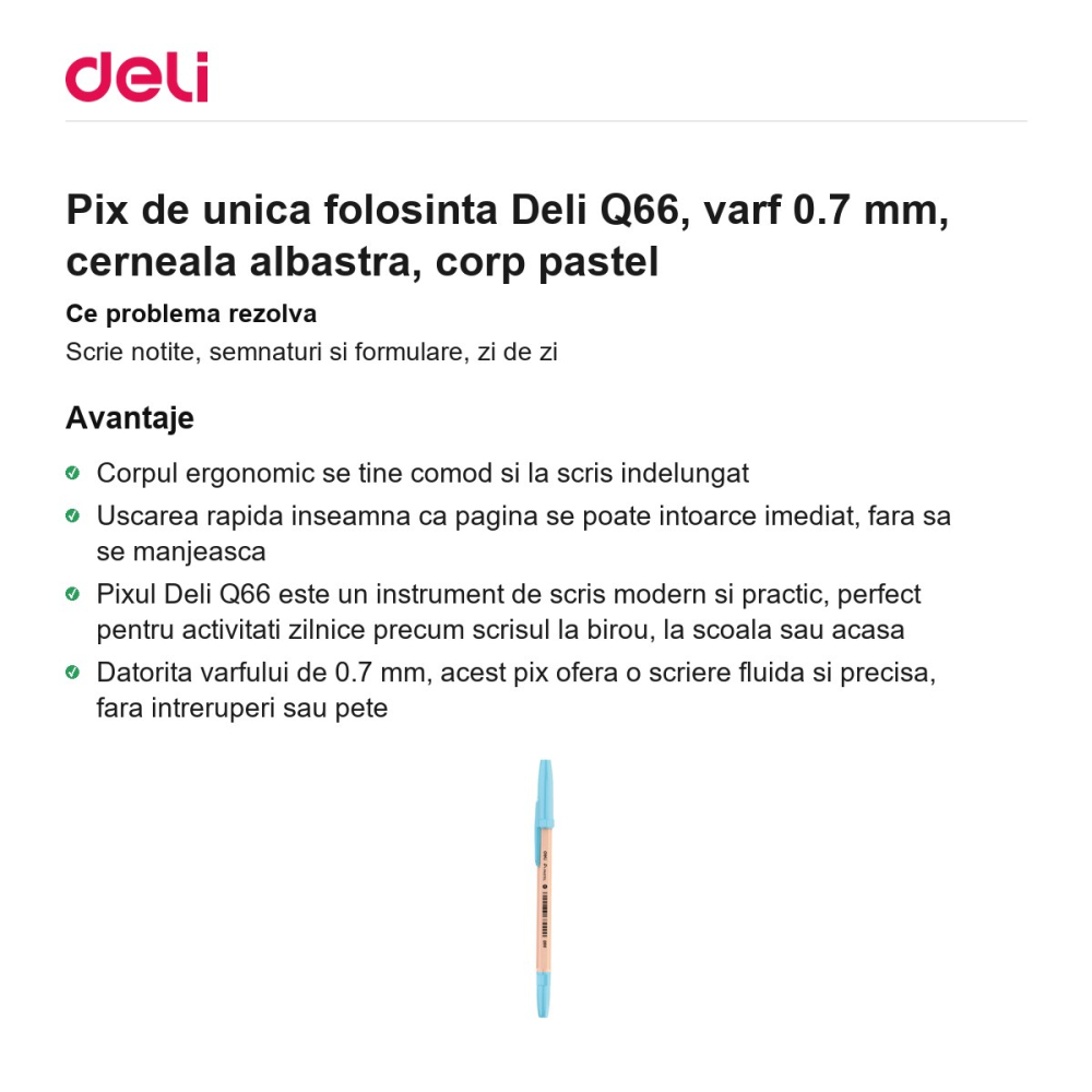 Pix de unica folosinta Deli Q66, varf 0.7 mm, cerneala albastra, corp pastel [2]