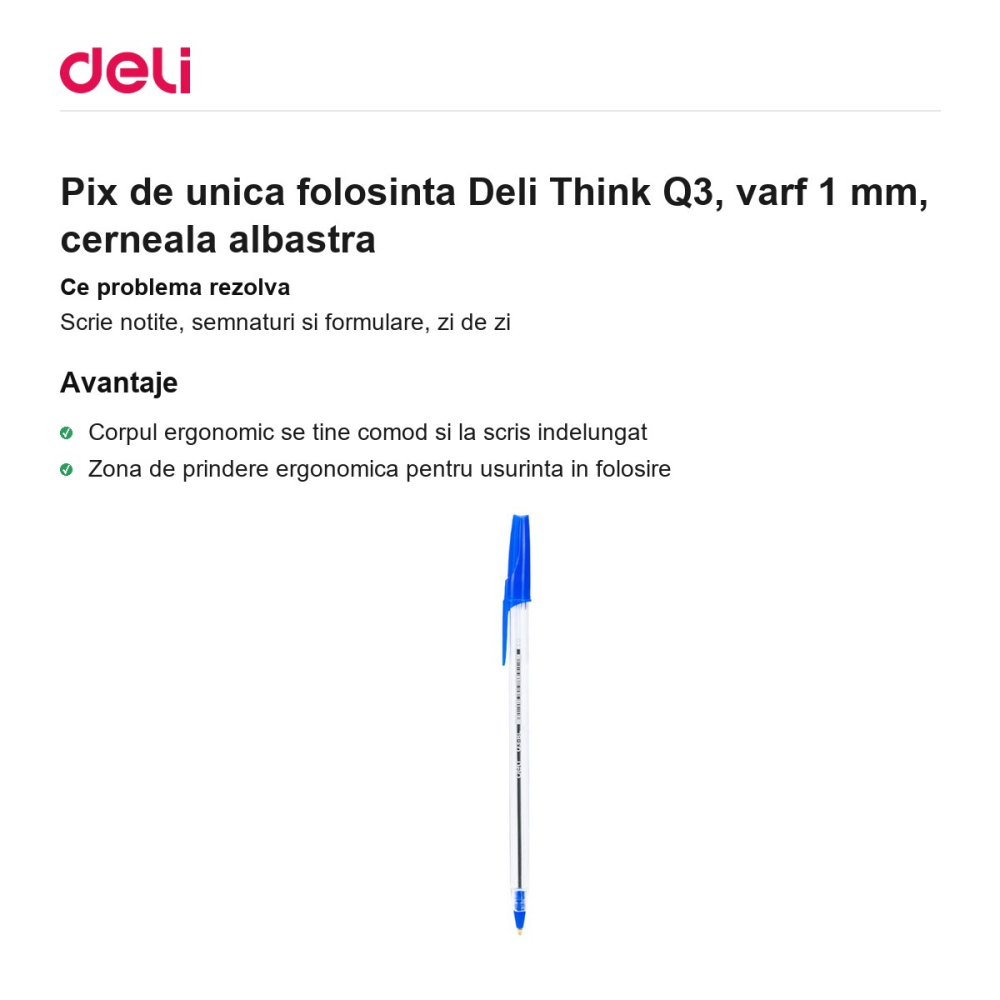 Pix de unica folosinta Deli Think Q3, varf 1 mm, cerneala albastra [2]