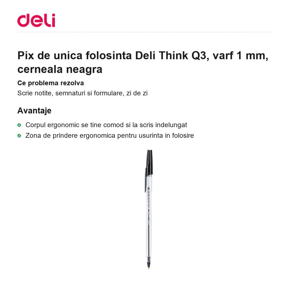 Pix de unica folosinta Deli Think Q3, varf 1 mm, cerneala neagra [2]