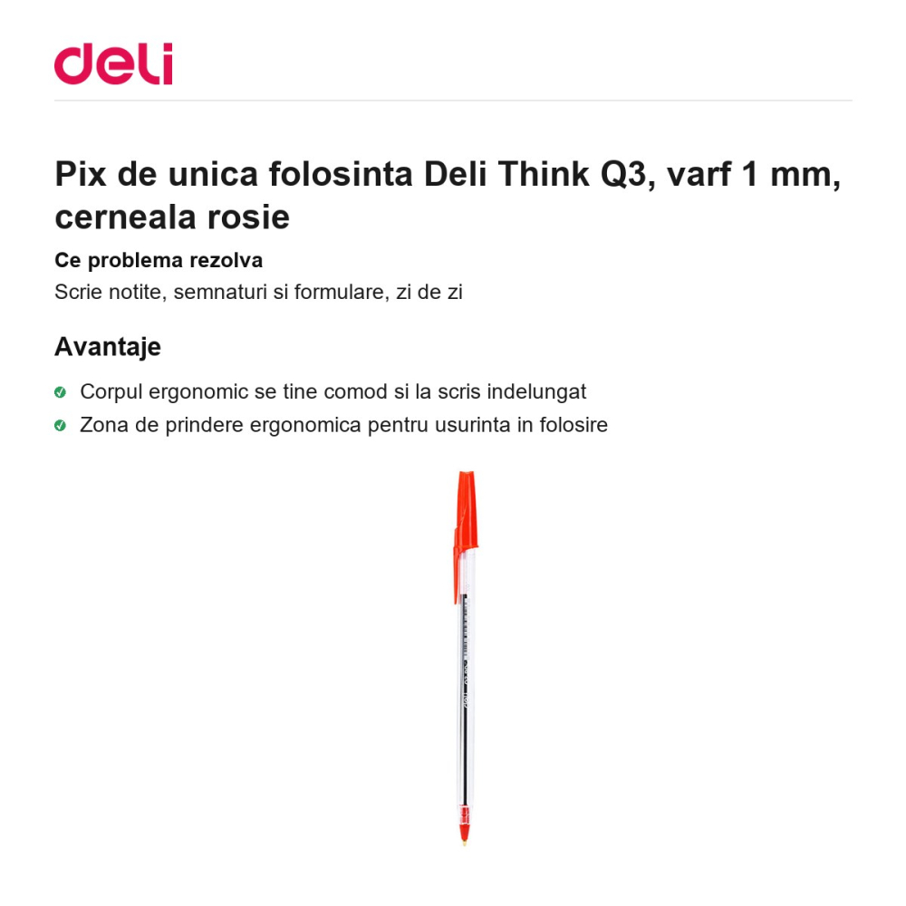 Pix de unica folosinta Deli Think Q3, varf 1 mm, cerneala rosie [2]