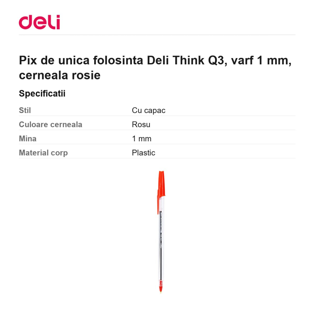 Pix de unica folosinta Deli Think Q3, varf 1 mm, cerneala rosie [3]