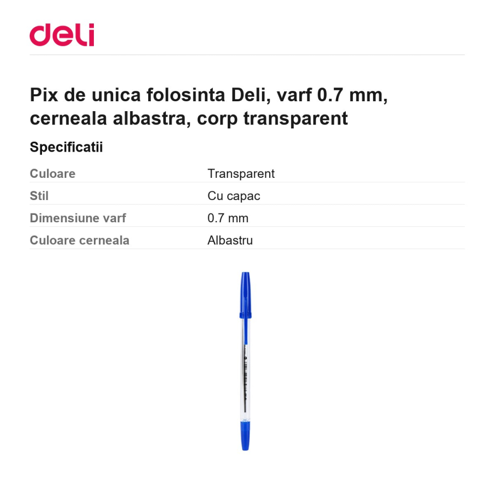 Pix de unica folosinta Deli, varf 0.7 mm, cerneala albastra, corp transparent [3]