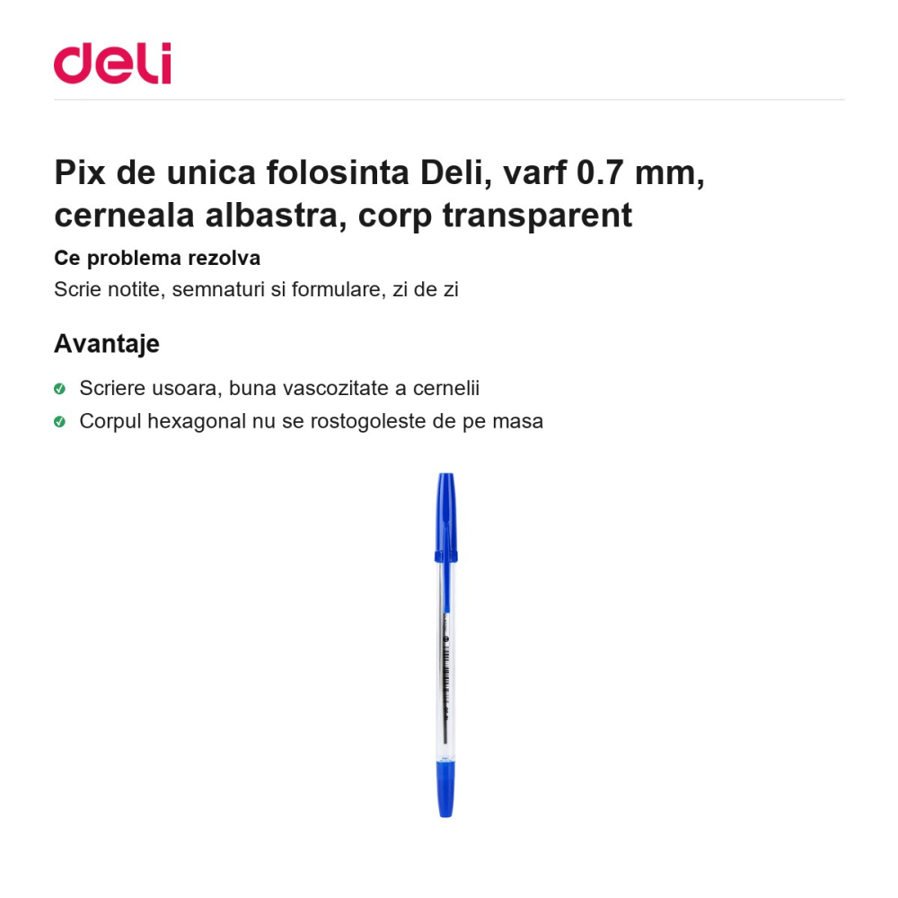 Pix de unica folosinta Deli, varf 0.7 mm, cerneala albastra, corp transparent [2]