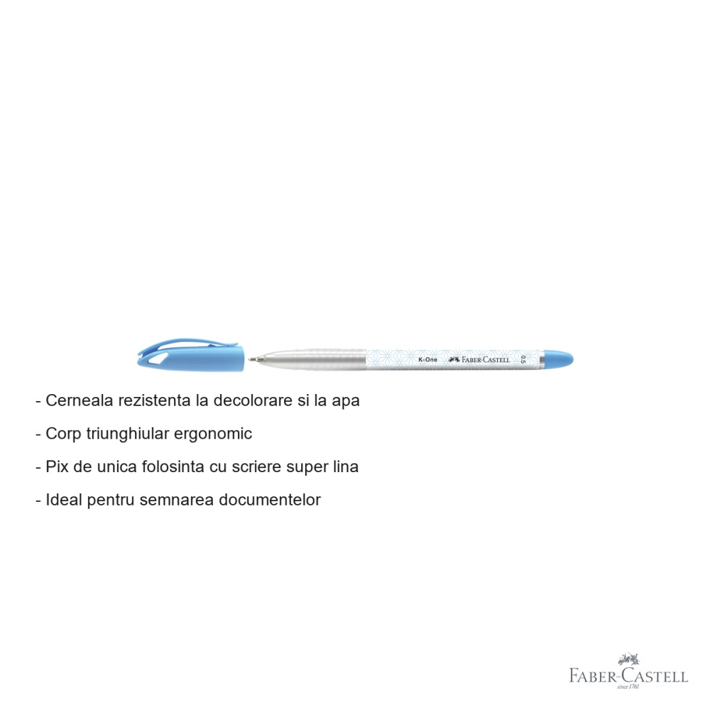 Pix de unica folosinta Faber-Castell K1, scriere super lina 0.5mm, cerneala albastra rezistenta la apa, corp ergonomic triunghiular [2]