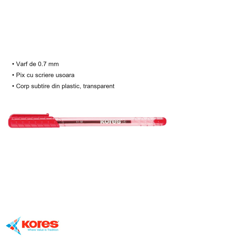 Pix de unica folosinta Kores K1, varf 0.7 mm, cerneala rosie, corp transparent, pentru scris zilnic [3]