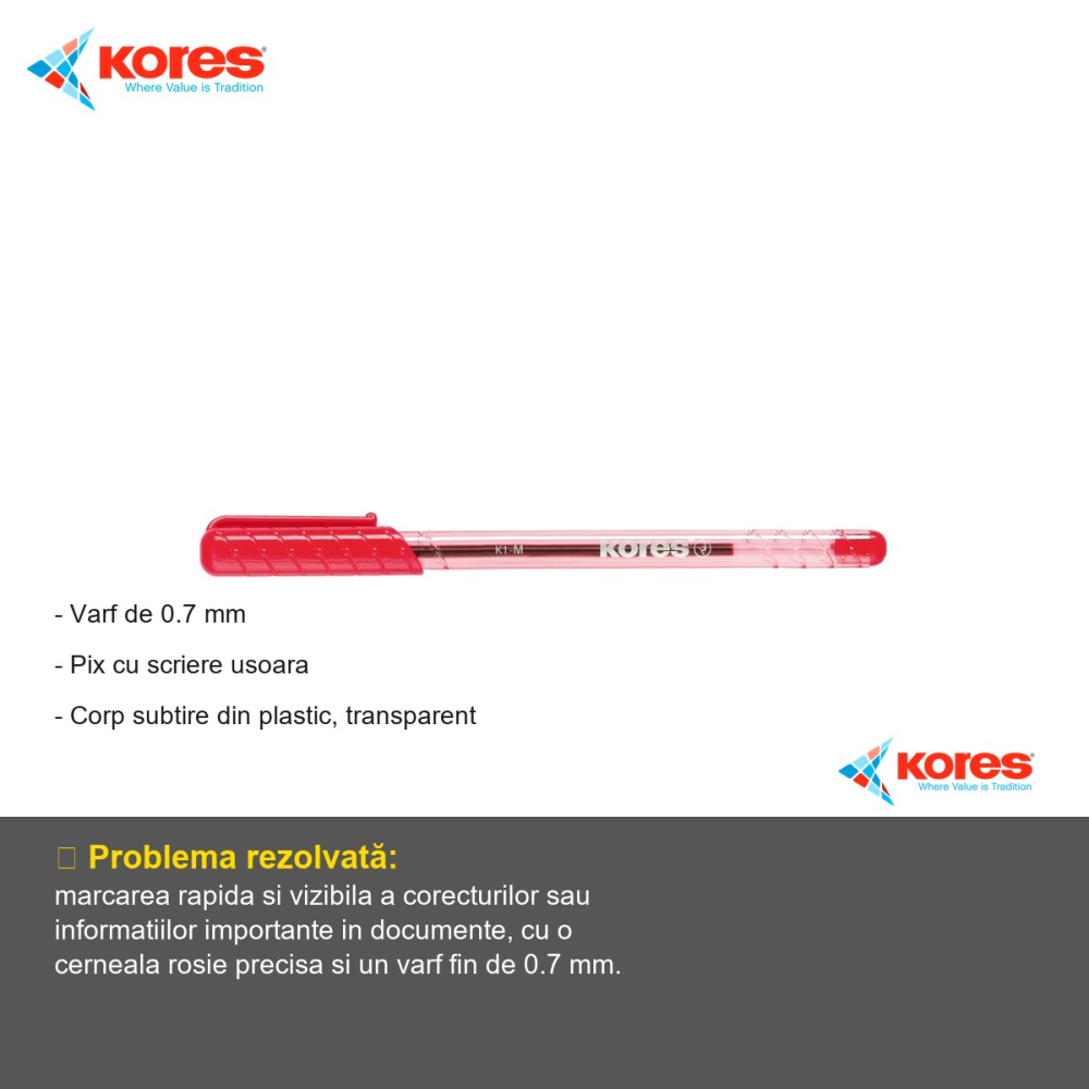 Pix de unica folosinta Kores K1, varf 0.7 mm, cerneala rosie, corp transparent, pentru scris zilnic [2]