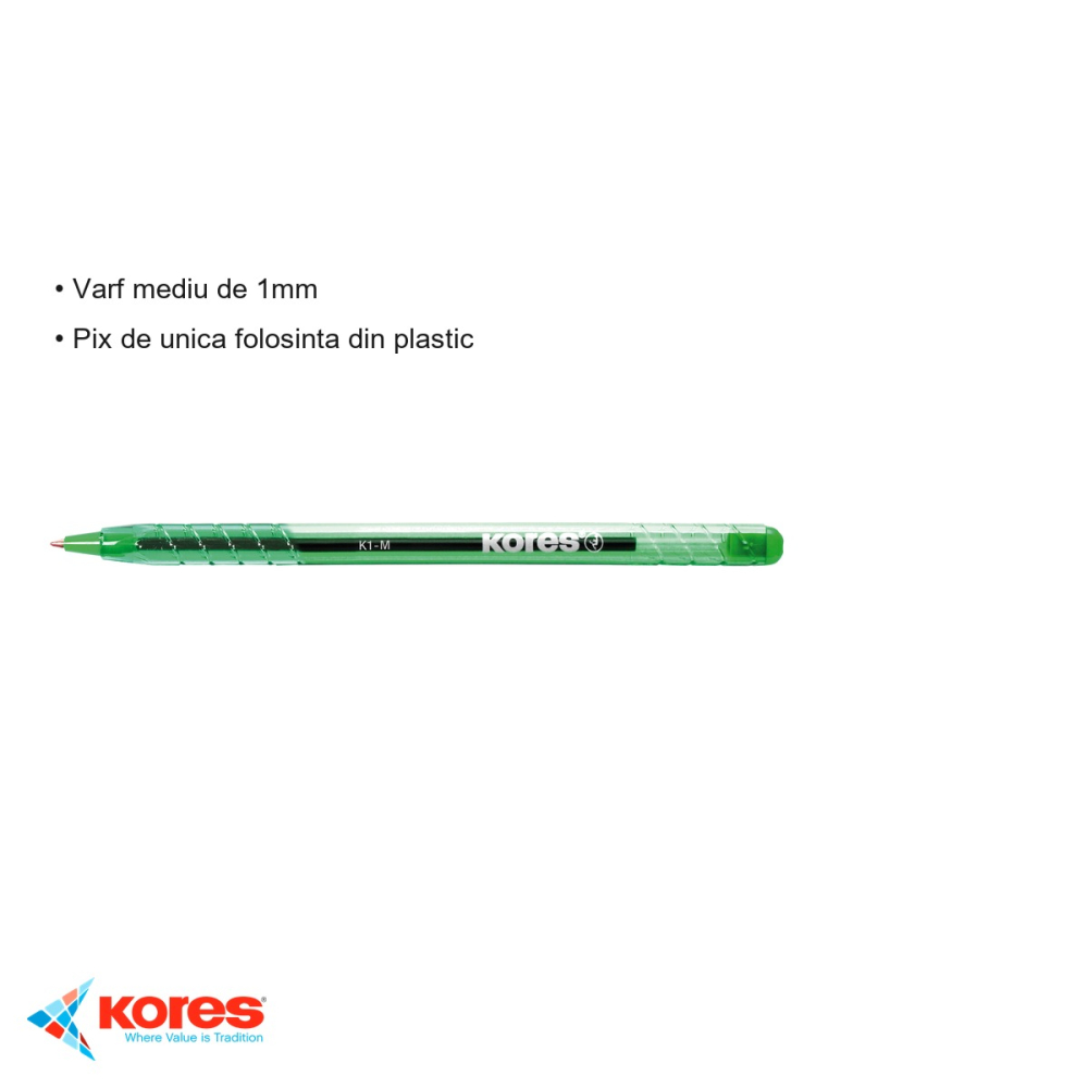 Pix de unica folosinta Kores K1, varf mediu 1mm, cerneala verde, pentru scriere zilnica [3]