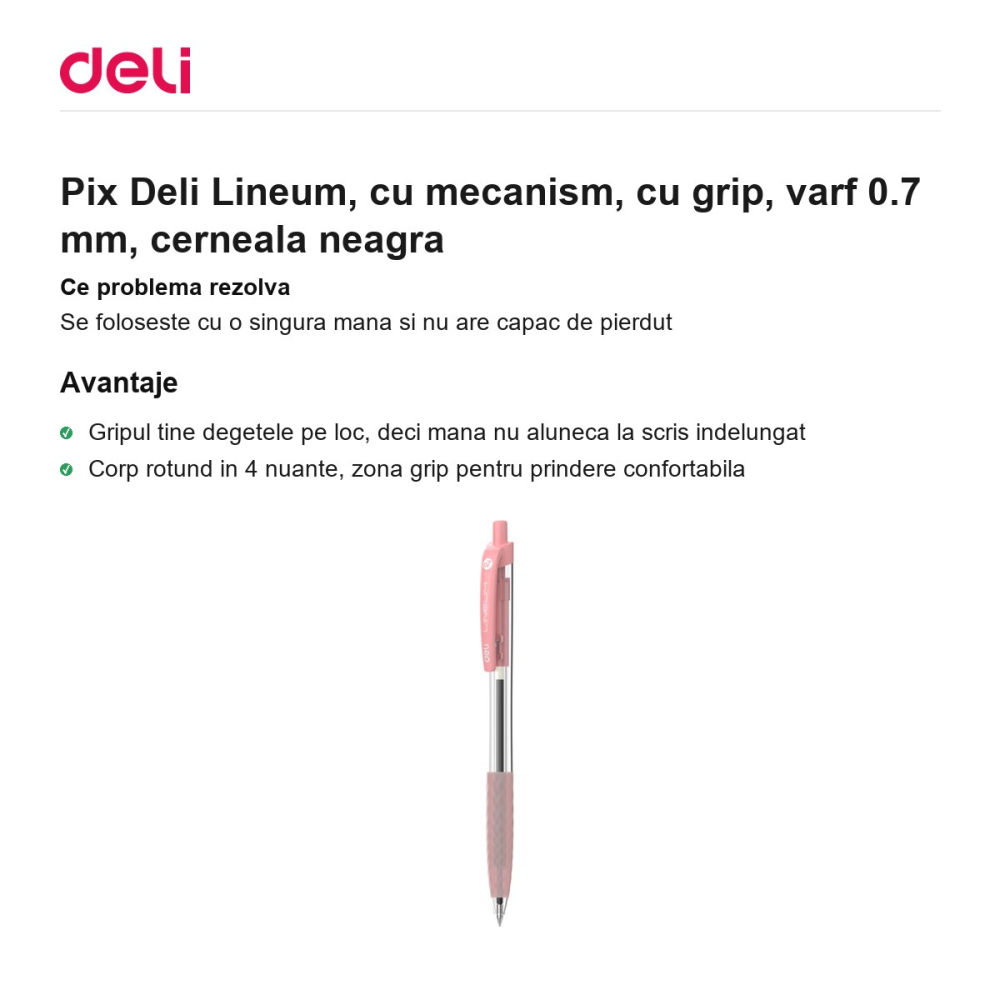 Pix Deli Lineum, cu mecanism, cu grip, varf 0.7 mm, cerneala neagra [2]