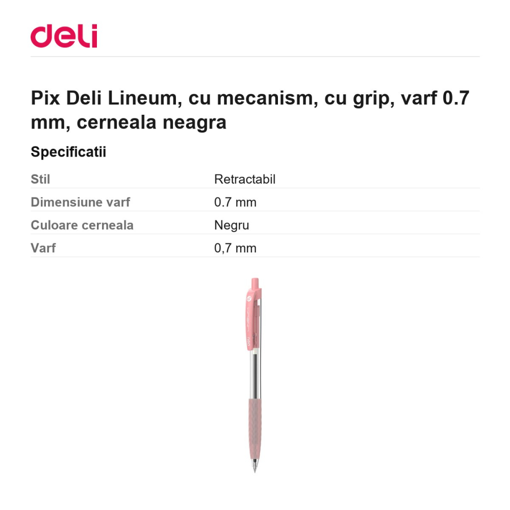 Pix Deli Lineum, cu mecanism, cu grip, varf 0.7 mm, cerneala neagra [3]