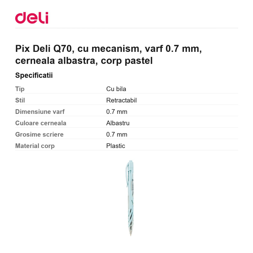 Pix Deli Q70, cu mecanism, varf 0.7 mm, cerneala albastra, corp pastel [3]