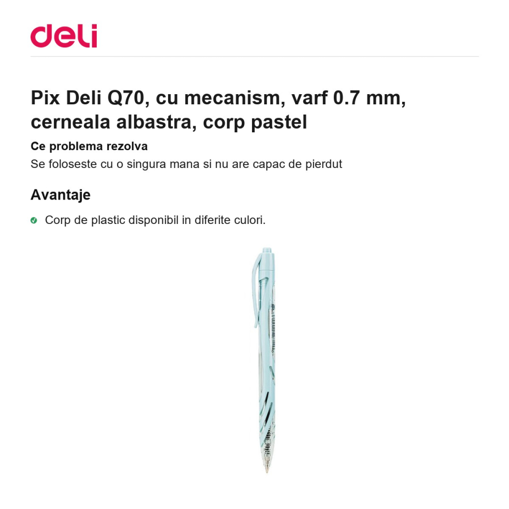 Pix Deli Q70, cu mecanism, varf 0.7 mm, cerneala albastra, corp pastel [2]