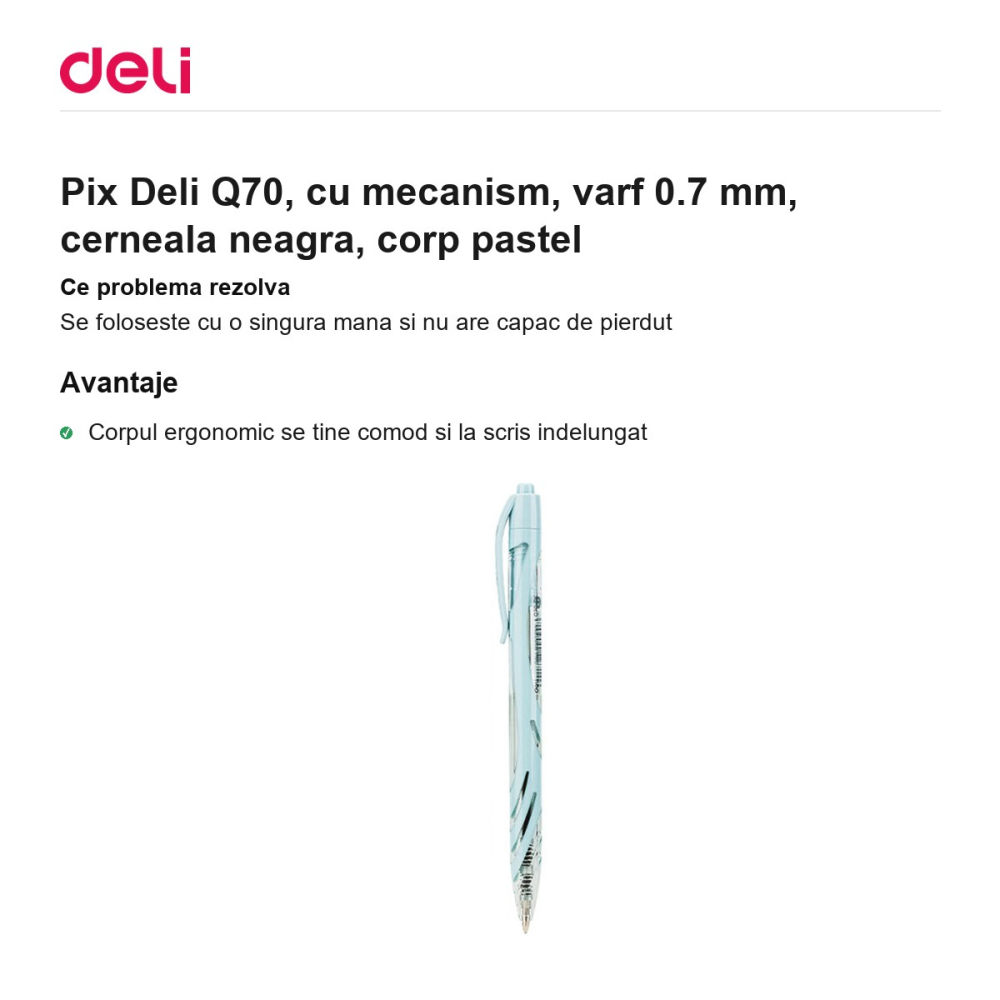 Pix Deli Q70, cu mecanism, varf 0.7 mm, cerneala neagra, corp pastel [2]