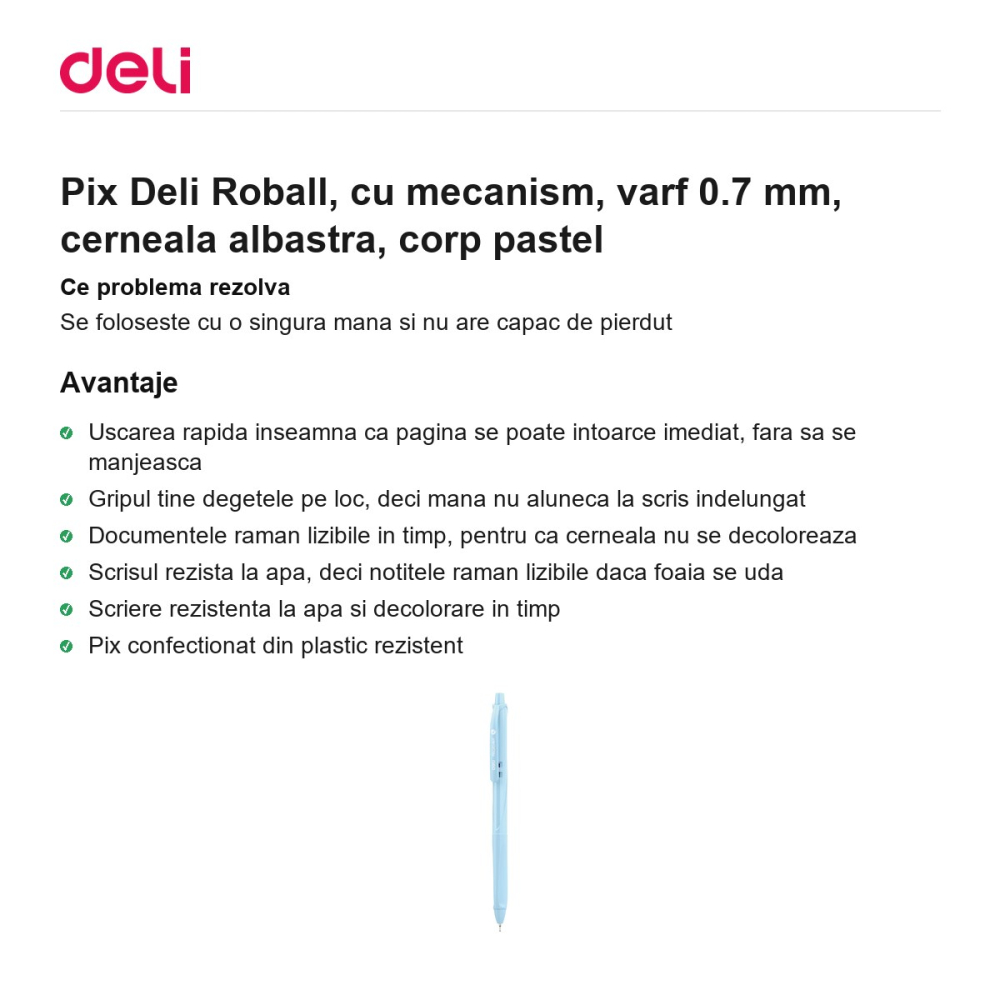 Pix Deli Roball, cu mecanism, varf 0.7 mm, cerneala albastra, corp pastel [2]
