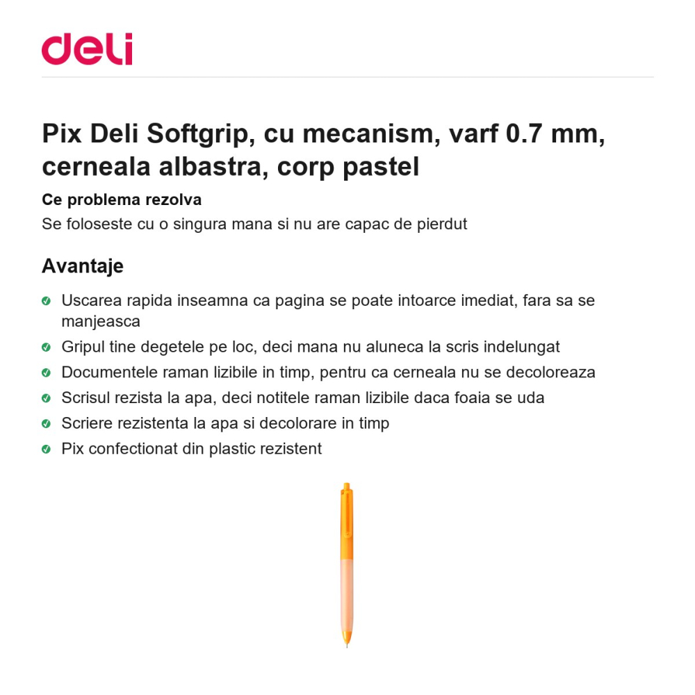 Pix Deli Softgrip, cu mecanism, varf 0.7 mm, cerneala albastra, corp pastel [2]