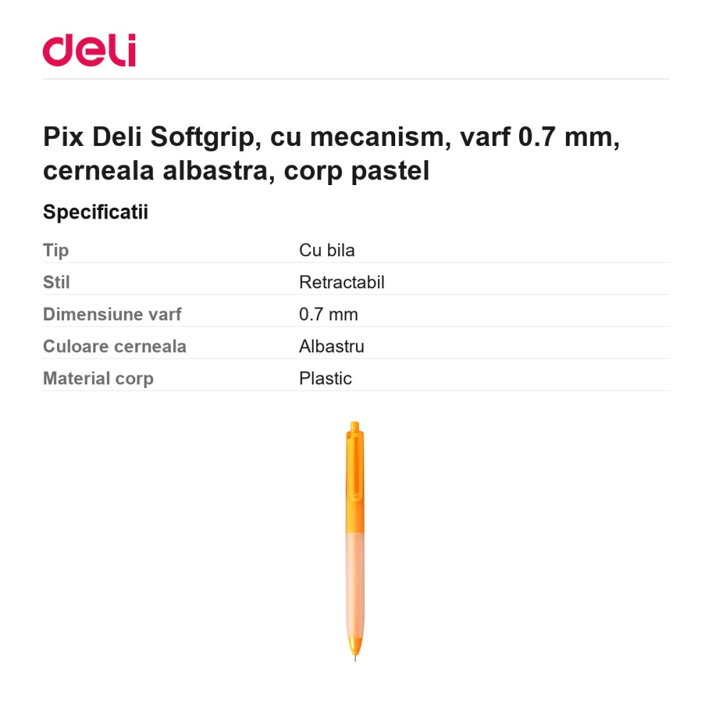 Pix Deli Softgrip, cu mecanism, varf 0.7 mm, cerneala albastra, corp pastel [3]
