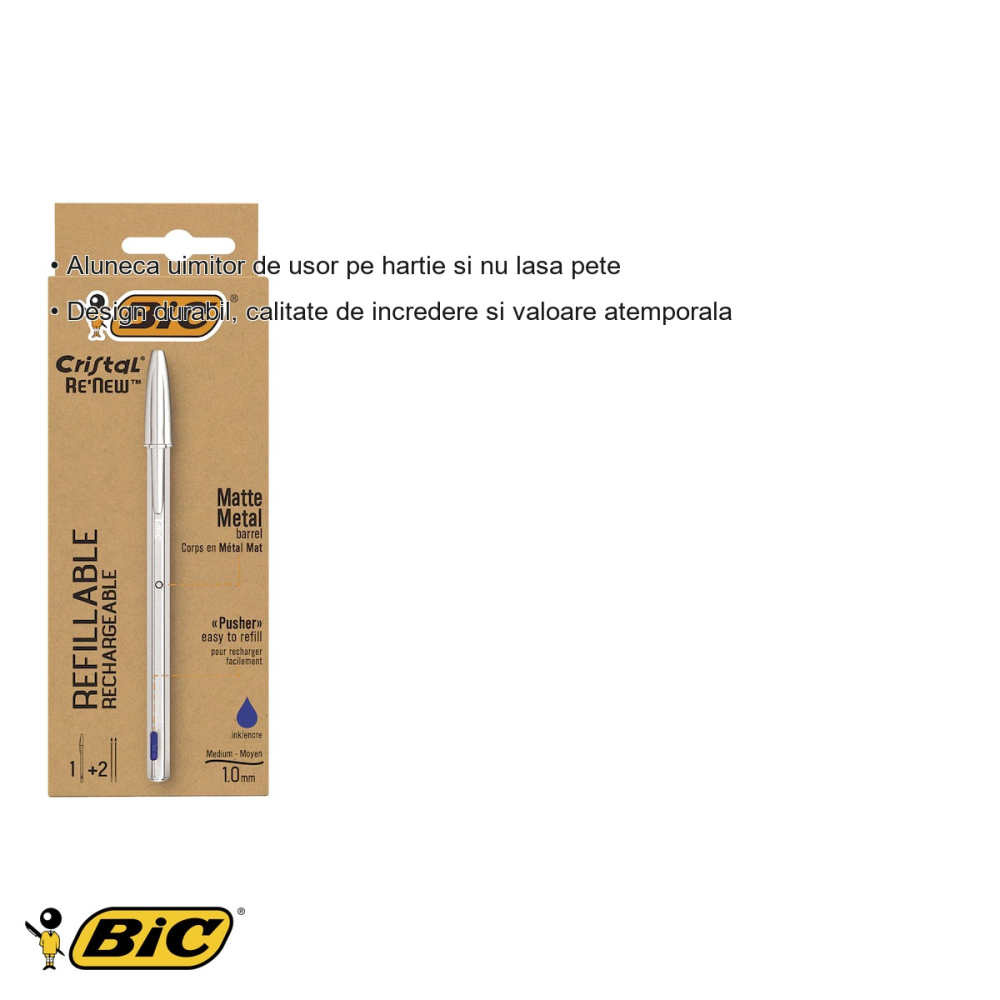 Pix metalic cu mecanism Bic, corp argintiu mat, cerneala albastra, cu 2 rezerve incluse [3]