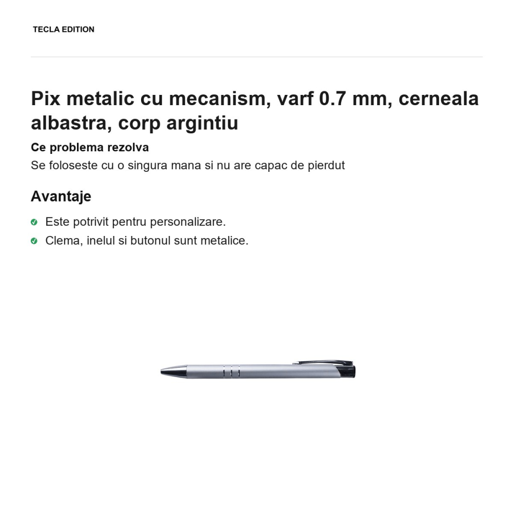 Pix metalic cu mecanism, varf 0.7 mm, cerneala albastra, corp argintiu [2]