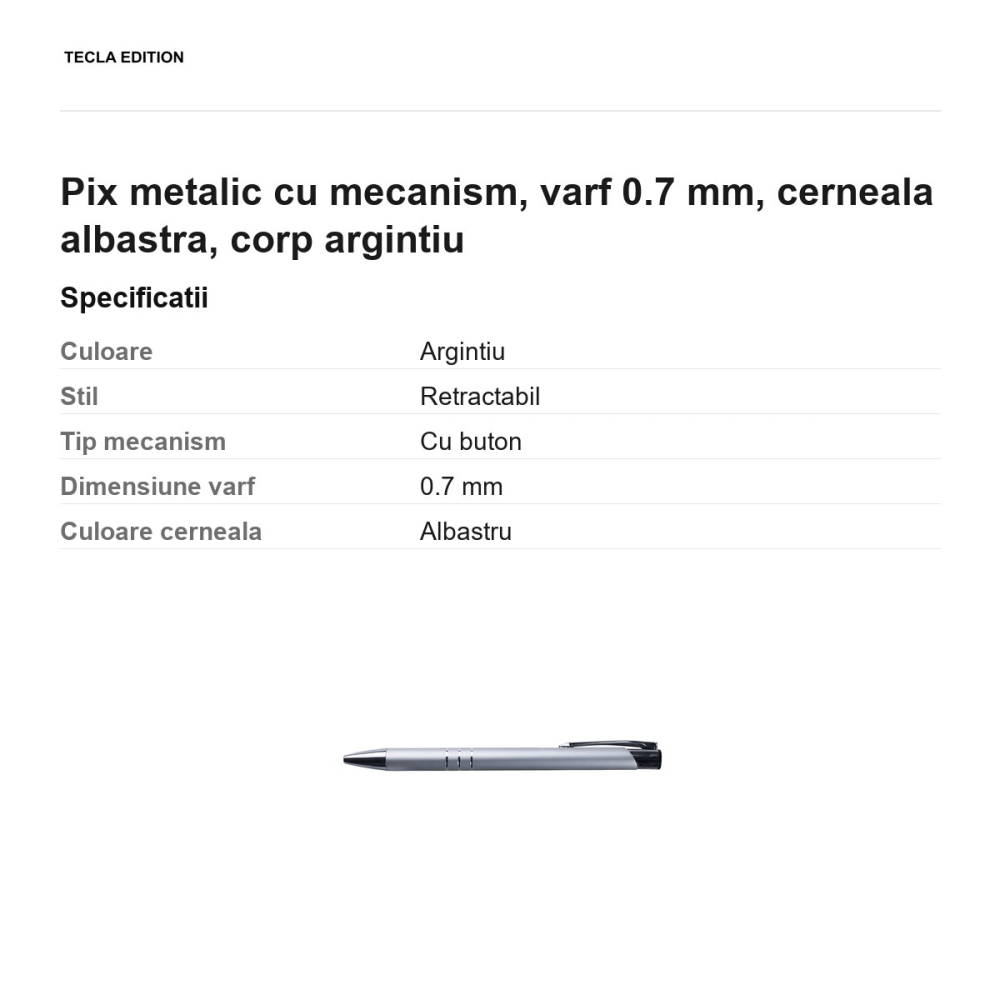 Pix metalic cu mecanism, varf 0.7 mm, cerneala albastra, corp argintiu [3]