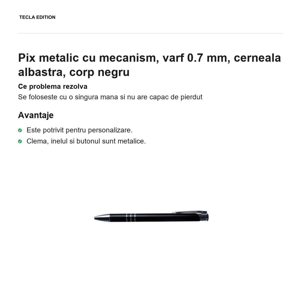Pix metalic cu mecanism, varf 0.7 mm, cerneala albastra, corp negru [2]