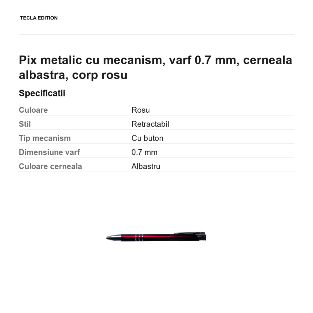 Pix metalic cu mecanism, varf 0.7 mm, cerneala albastra, corp rosu [3]