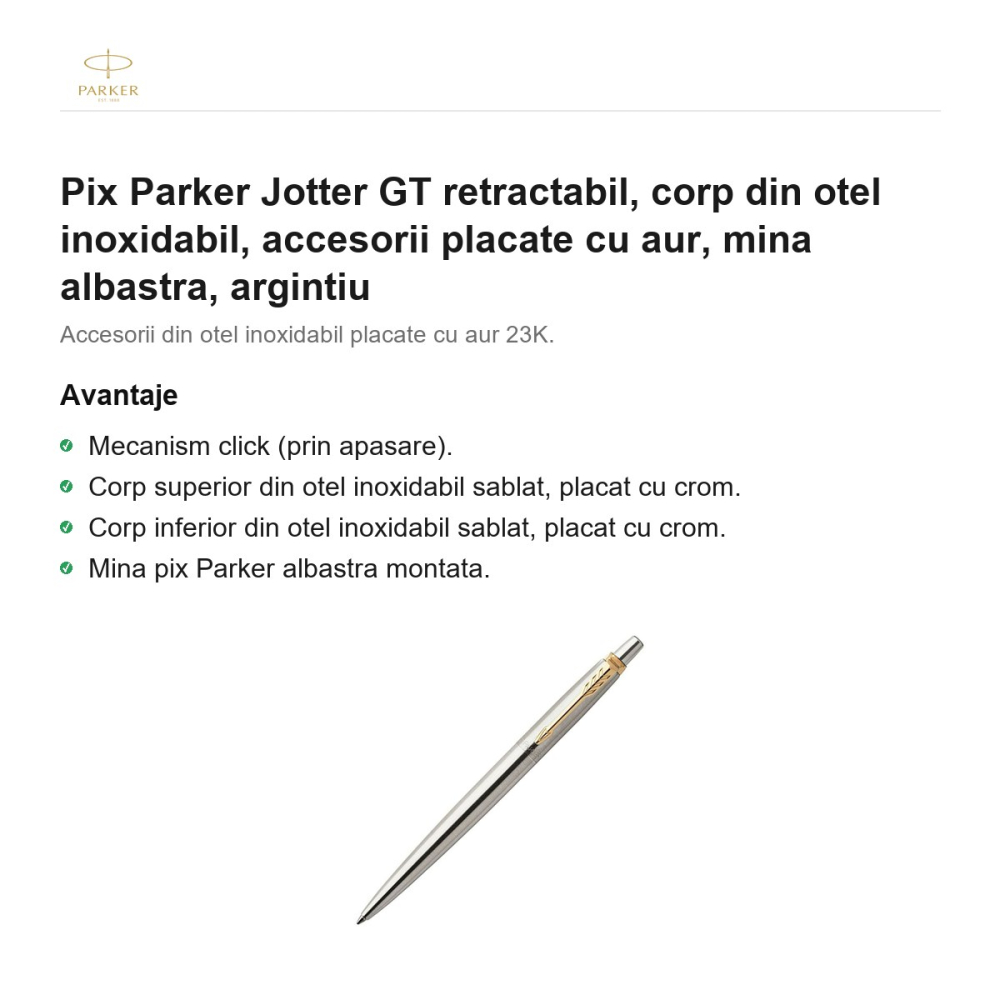 Pix Parker Jotter GT retractabil, corp din otel inoxidabil, accesorii placate cu aur, mina albastra, argintiu [2]