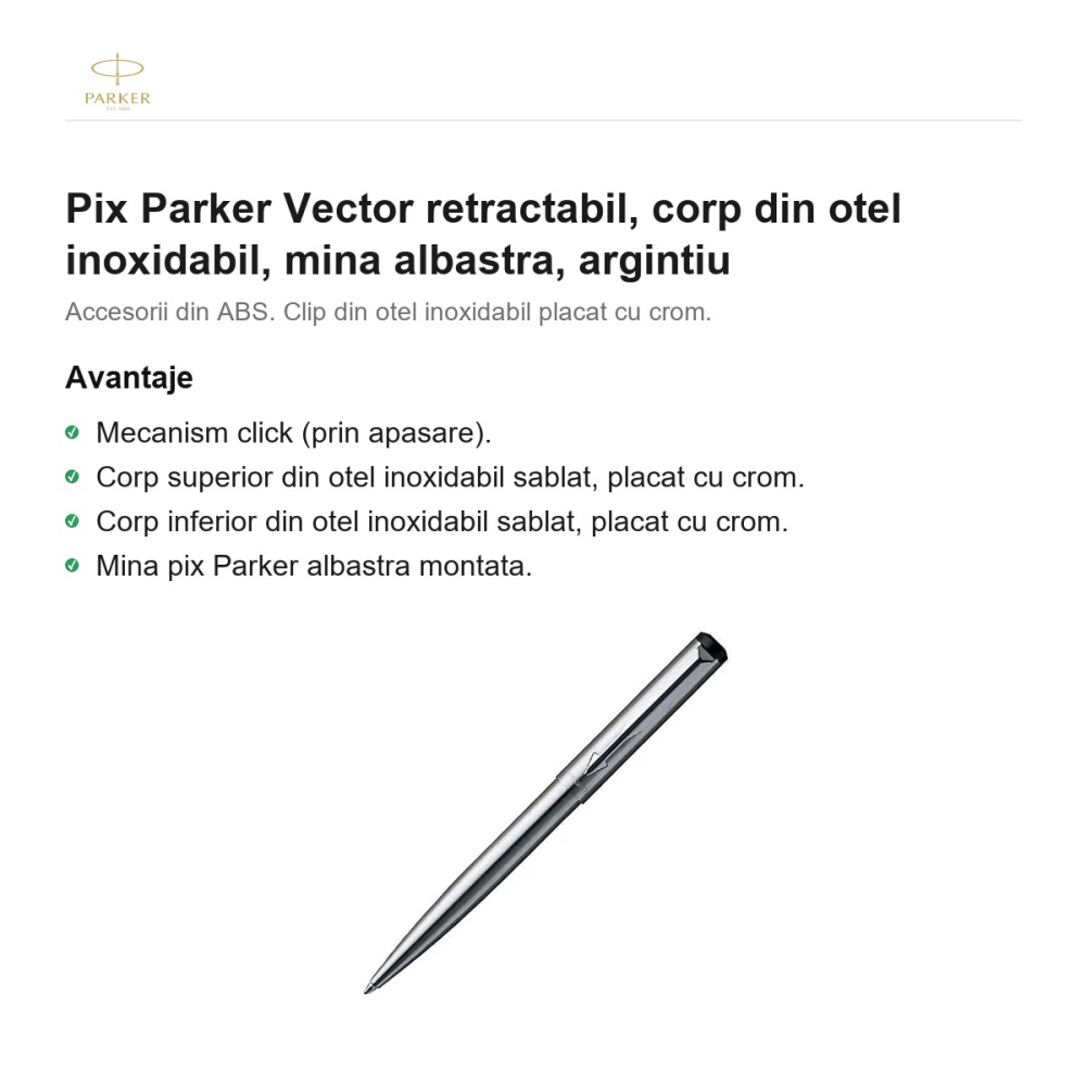Pix Parker Vector retractabil, corp din otel inoxidabil, mina albastra, argintiu [2]